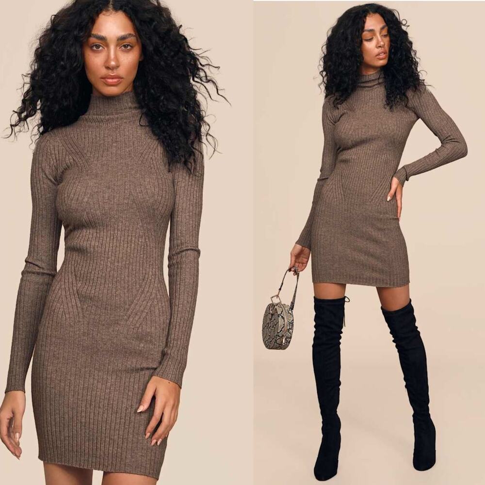 NWT Lulus Heather Taupe Ribbed Mock Neck Body-con Sweater Dress Women's Size L